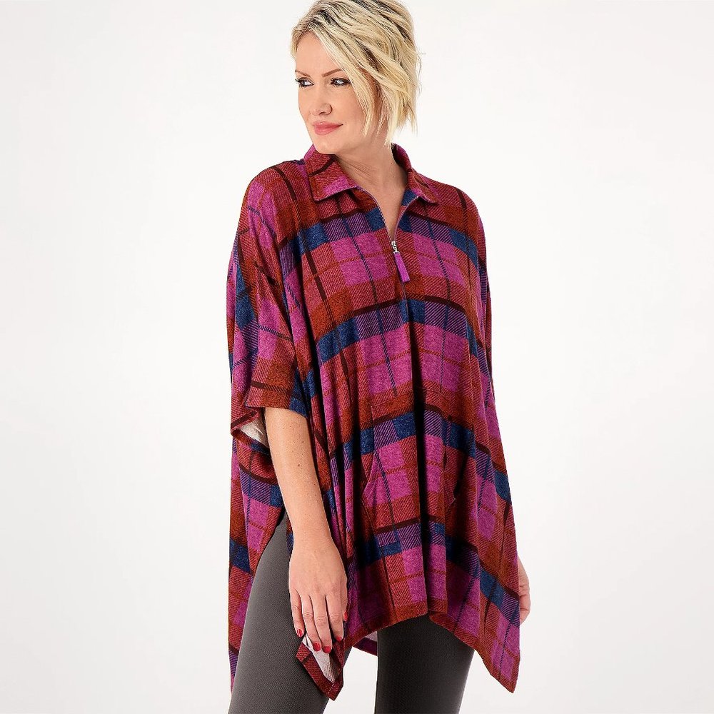 Stan Herman Luxe Sweater Knit Half-Zip Plaid Pop-Over - Pink (1X) a517648